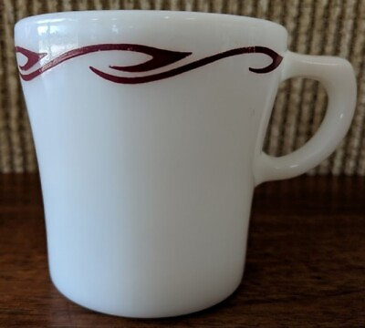 #ad Vintage Pyrex Coffee Cup White Milk Glass Brown Ribbon Print 709 12 GUC $7.99
