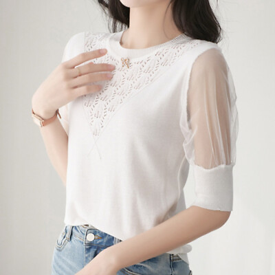 #ad Lady Splicing Blouse Tops T shirt Mesh Knitted Patchwork Half Sleeve Loose Basic $18.61