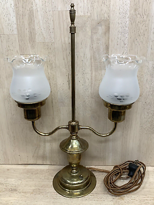 #ad BRASS LAMP DOUBLE ARM Student Light Etched Frosted Ruffled Grape Shades $71.96