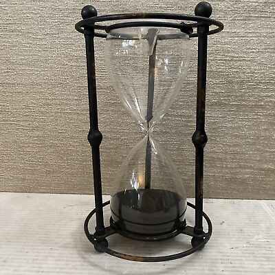 #ad RARE Vintage BLACK SAND 10” Hourglass CLEAR GLASS Rustic Metal 30 min WORKS EUC $60.00