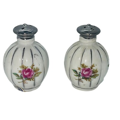 #ad Vintage Hand Painted Pink Floral Salt amp; Pepper Shakers Silver Tops With Stoppers $9.85
