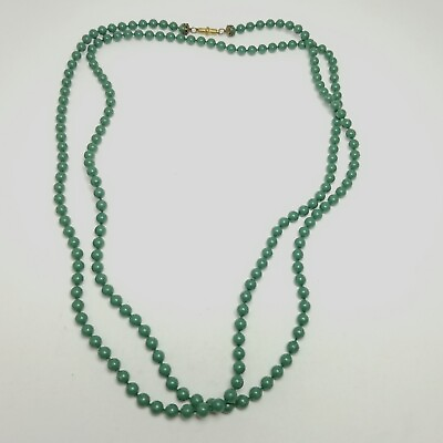 #ad Vintage Long Green Beaded Necklace with Unique Clasp Retro 60s Style Estate $20.00