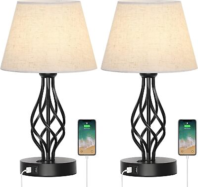#ad Set of 2 Table Lamps with USB Ports Traditional Nightstand Bedside Lamp for Dorm $47.99