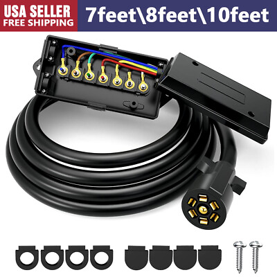 #ad 7ft 8ft 10ft Trailer Cord 7 Way Plug Inline Junction Box Wiring Harness Kit $25.35