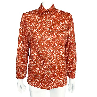 #ad Vintage 1970#x27;s Disco Hippy Brown Op Art Swirl Button Top Womens Shirt M L 477 $23.89