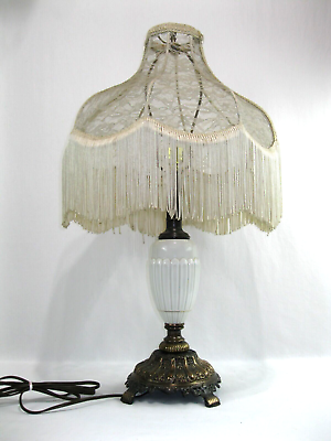 #ad #ad Vtg. Victorian Style Brass Table Lamp with Lace Fringed Tasseled Shade $66.32