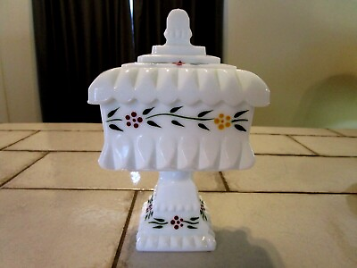 #ad Milk Glass Hand Painted Wedding Bowl with Lid Candy Dish $20.00