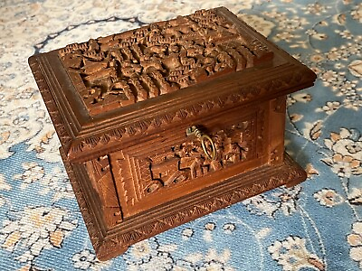 #ad 👍 19TH CENTURY CHINA CHINESE CANTON CARVED WOOD LARGE BOX WITH KEY 古董盒 $350.00