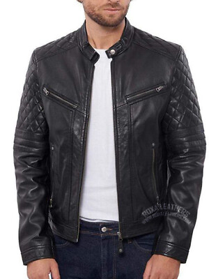 #ad Designer Men#x27;s Pure Genuine Lambskin Black Leather Jacket Biker Modern Club Coat $117.71