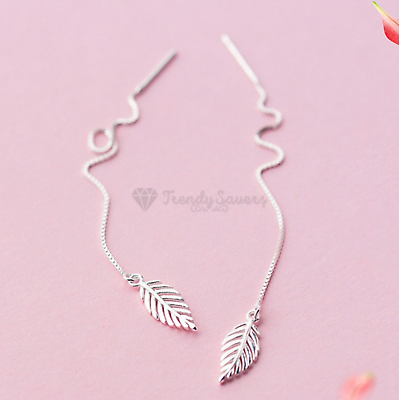 #ad Women 925 Sterling Silver Punk Feather Palm Leaves Long Drop Threader Earrings GBP 4.99