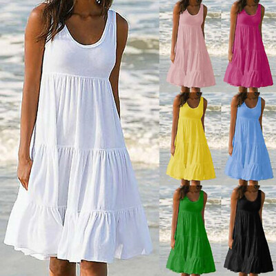 #ad #ad Womens Summer Smock Dress Ladies Holiday Beach Casual Loose Frill Mini Sundress $2.43