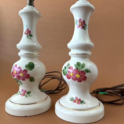 #ad Vintage Pair Ceramic Lamps 12” Hand Painted Bedside Beauties $59.00