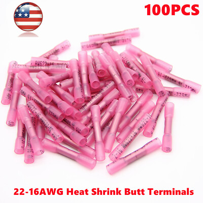#ad US 100PCS 22 16 Gauge Heat Shrink Butt Crimp Terminals Wire Connectors AWG Red $9.92