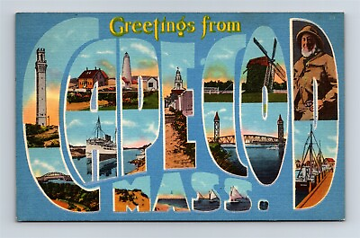 #ad Postcard MA Large Letter Greetings From Cape Cod Massachusetts c1940s Linen AI3 $2.49