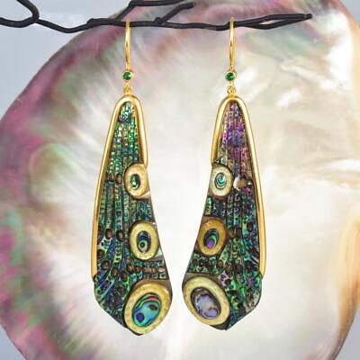 #ad Dragonfly Wing Earrings Abalone Carving Gold Vermeil Sterling Emerald 11.24 g $99.00