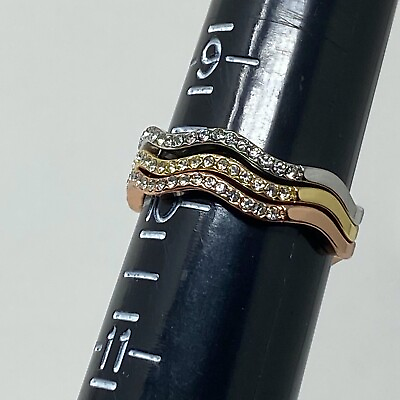 #ad Charter Club Sz 10 Set of Three Stacking Band Rings Tricolor with Clear Crystals $12.95