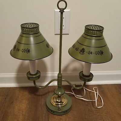 #ad Vintage Tole Ware Tin Metal 2 Candle Lamp Double Arm Pair Avocado Green $119.49