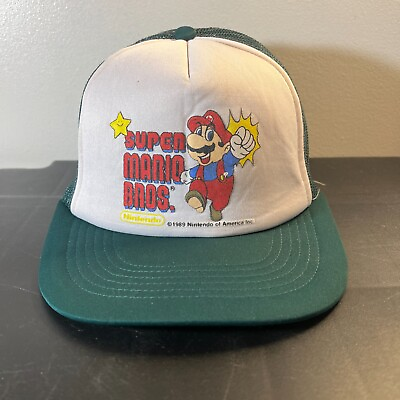 #ad Vintage Super Mario Hat Cap Snapback Green Trucker Nintendo Retro Gaming 80s $75.95