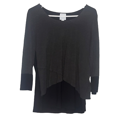 #ad Sunday Women#x27;s Large Shirt Gray Black Asymmetrical Hem 3 4 Sleeve Blouse Stretch $4.91