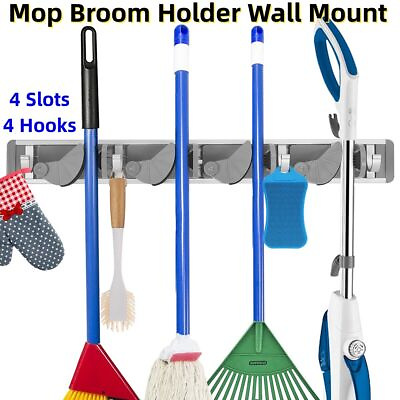 #ad Mop Broom Holder Hanger Wall Mount Garage Kitchen Tool Organizer 4 Slots 4 Hooks $9.86