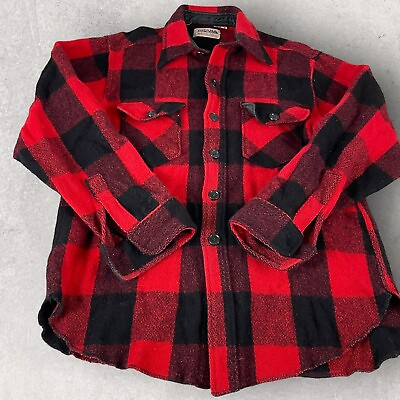 #ad Vintage Amana Woolen Mills Wool Jacket Men’s L Buffalo Plaid Red Black Hunting $48.95