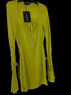 #ad NEW Pretty Little Thing Size 2 Neon Lime Long Flared Sleeve Mini Dress Cut Out $15.00