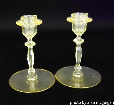 #ad Two Cambridge Glass Yellow Candlestick w Pat’d Bobeche Lip Rare 6” Tall C $136.00