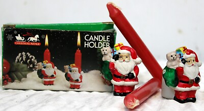 #ad VTG Christmas Ave 2 Candle Holder Santa Mini Candle Tapered Ceramic $15.00