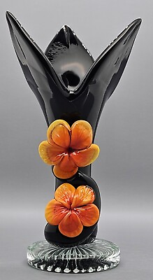 #ad Black Glass Vase With Applied Dark Green Vine And Orange Flowers. 7 1 4quot; Tall. $11.96