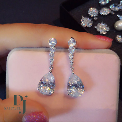 #ad Moissanite Drop Dangle Earrings Solid 14K White Gold 3 Carat Pear Cut For Women $226.20