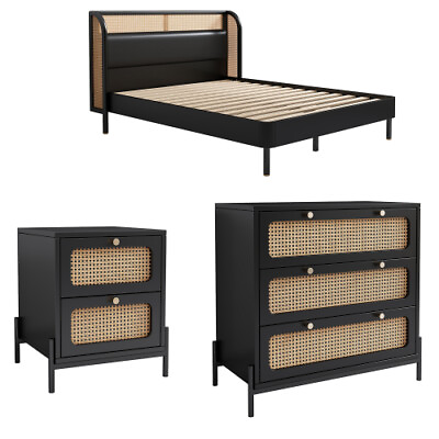 #ad Modern Bedroom Furniture Set Queen Size Platform Bed Frame Nightstand Chest Wood $399.99
