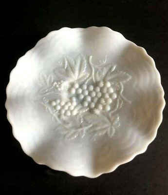 #ad Vintage Footed Ruffled Translucent White Milk Glass Grapes Pattern $25.00