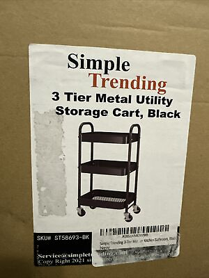 #ad 3 Tier Metal Utility Cart Rich Black Kitchen Storage Cart With Lockable Wheels $29.99
