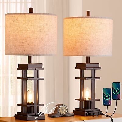 #ad Set of 2 Farmhouse Table Lamps with USB Ports 26quot;Tall Bedside Touch Lamp wit... $171.85