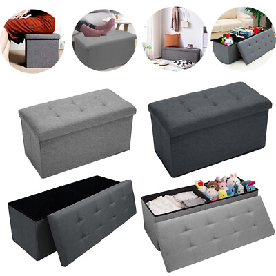 #ad Large Linen Folding Storage Box Ottoman Seat Stool Storage Boxes Home Footstool $30.41