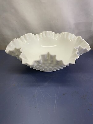 #ad FENTON HOBNAIL WHITE RUFFLED MILK GLASS BOWL 11 1 2quot; WIDE Excellent Condition $19.95