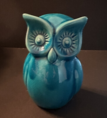 #ad Pottery Owl Teal Wide Eyed Adorable Tail 6.5 in Tall Nice Quality Glossy Glaze $13.97
