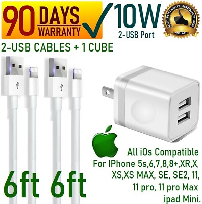 #ad x2 6ft USB Power Cord Cable 10W Cube Wall Charger for iPhone 78XRXXS11 16 $11.99