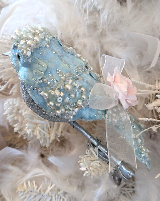 #ad Shabby Chic Victorian Blue Pink Velvet Beaded Bird Rose Christmas Ornament $18.99