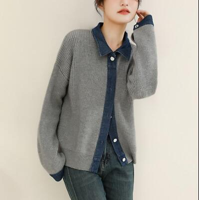 #ad Womens Fashion Fake 2 Pcs Denim Stitching Knitted Short Coat Jacket Cardigan DID $43.23