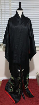 #ad Vintage Taisho Meiji Era Black Silk Wedding Kimono Furisode Uchikake Embroidery $201.68