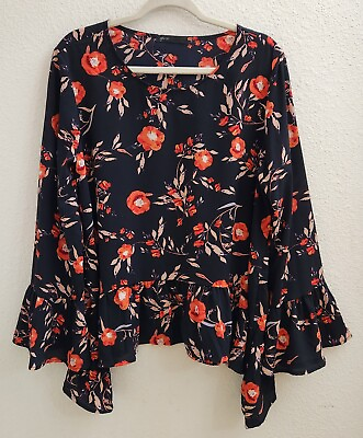 #ad Gibson Blue Orange Floral Scoop Neck Pullover Flared Long Sleeve Blouse size L $18.99