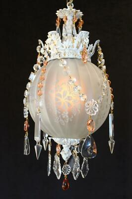 #ad 10 quot;x 19quot; Vintage Pink Crystal Chandelier Floral Glass Globe Whitewashed frame $499.00