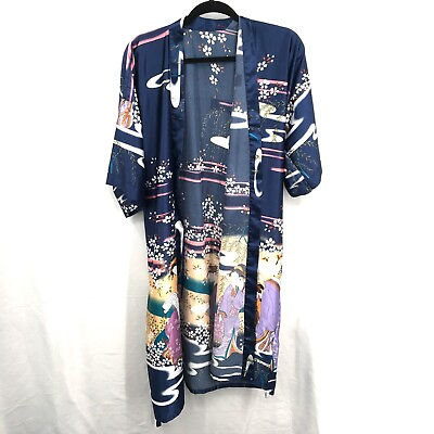 #ad UNBRANDED kimono Half Sleeve Calf Length Belted Satin Robe Blue Japanese OS $45.00