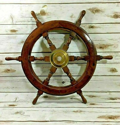 #ad 24quot;Brass Wooden Vintage Ship Steering Wheel Pirate Décor Wood Fishing Wall Boat $51.15