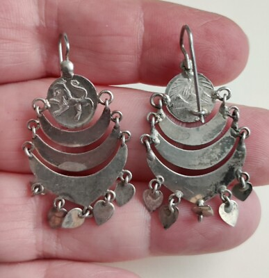 #ad Vintage Lion Peasant Coin Turkish Style Silver Color Earrings No Marks $18.00