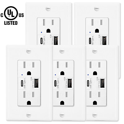 #ad 5 Pack Type C Dual USB Port Wall Socket Charger AC Power Receptacle Outlet Plate $62.85