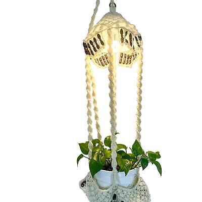 #ad Rare 1970s Vintage Lighted Macrame Lamp Plant Hanger Wood Beads Boho Lamp $250.00