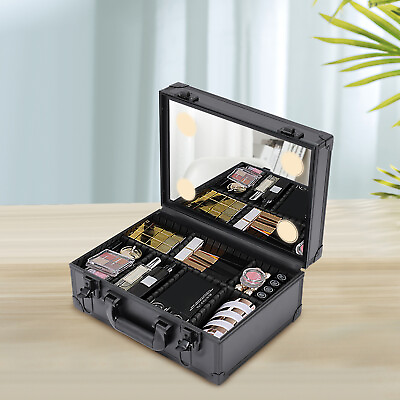 #ad Portable Aluminum Makeup Train Case Salon Cosmetic Trolley Organizer Box w Light $48.88