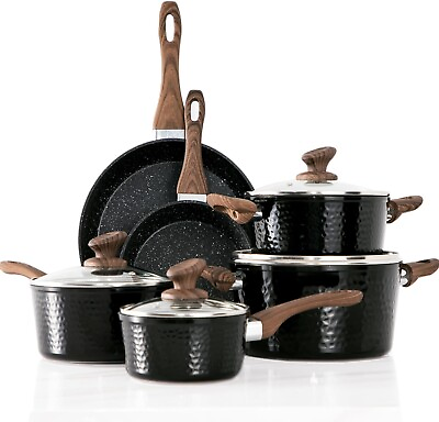 #ad Induction Cookware Sets 15 Pcs Black Hammered Granite Cooking Pots and Pans Set $95.99
